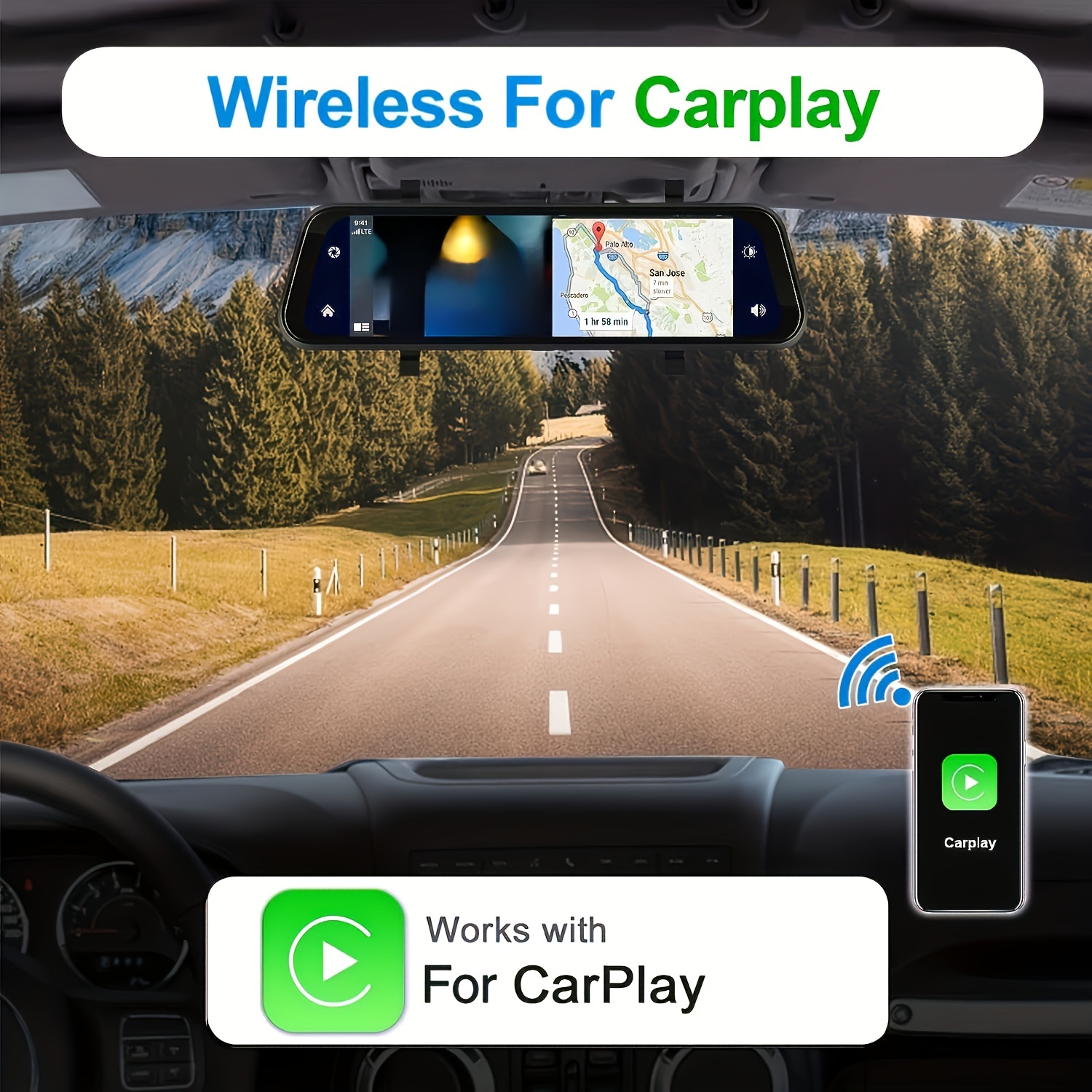 Mirror Dash Cam Wireless CarPlay & Wireless Android Auto, Dash Cam