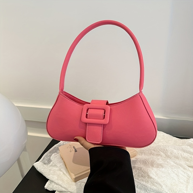 Neon Pink Buckle Decor Baguette Bag Funky Shoulder Bag
