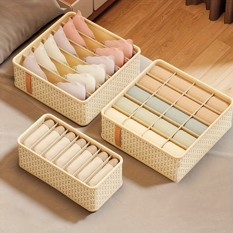 TEMU 3pcs Drawer Organizer, Woven Storage Box, -functional Wardrobe Divider For Underwear, Socks, And Accessories