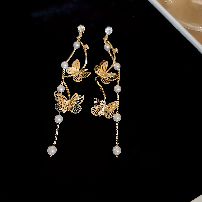 Butterfly Faux Pearl Stud Earrings with Long Tassel