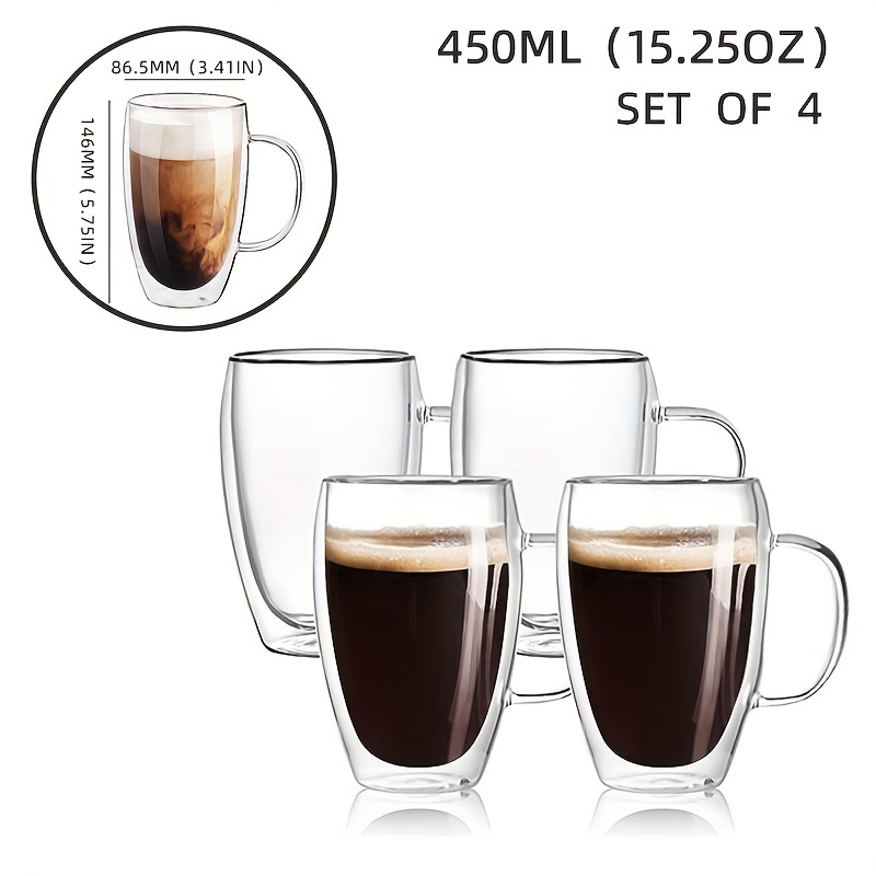 Set Of 4 Coffee Mugs Tea Clear Glass Cup Hot Drinks Cappuccino