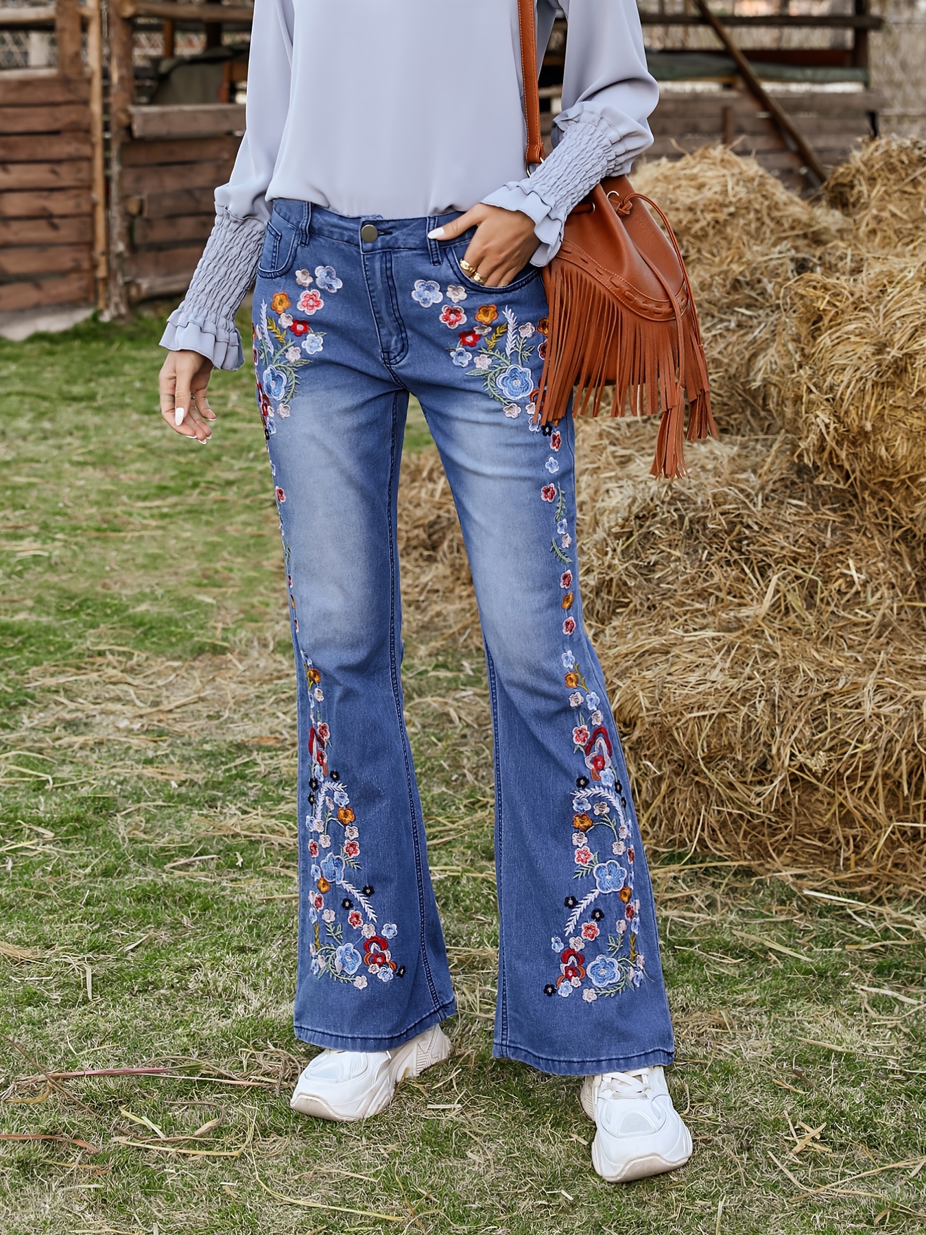 Floral Embroidery Bell Bottom Wide Legs Flare Jeans, High Rise Waist Fancy  Design Denim Pants, Women's Clothing