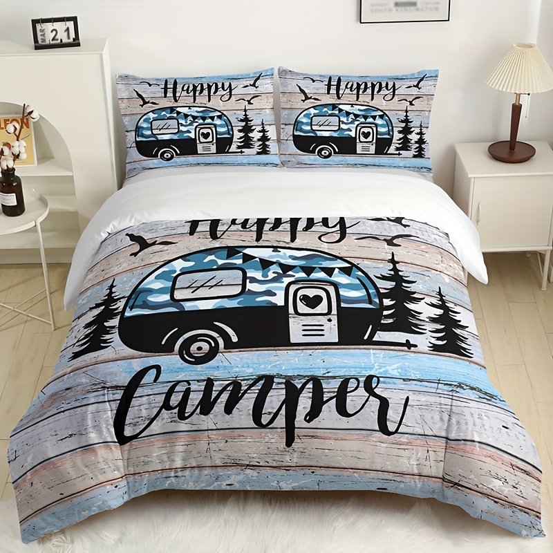3pcs Stylish Letter Forest Car Striped Camping Duvet Cover Set