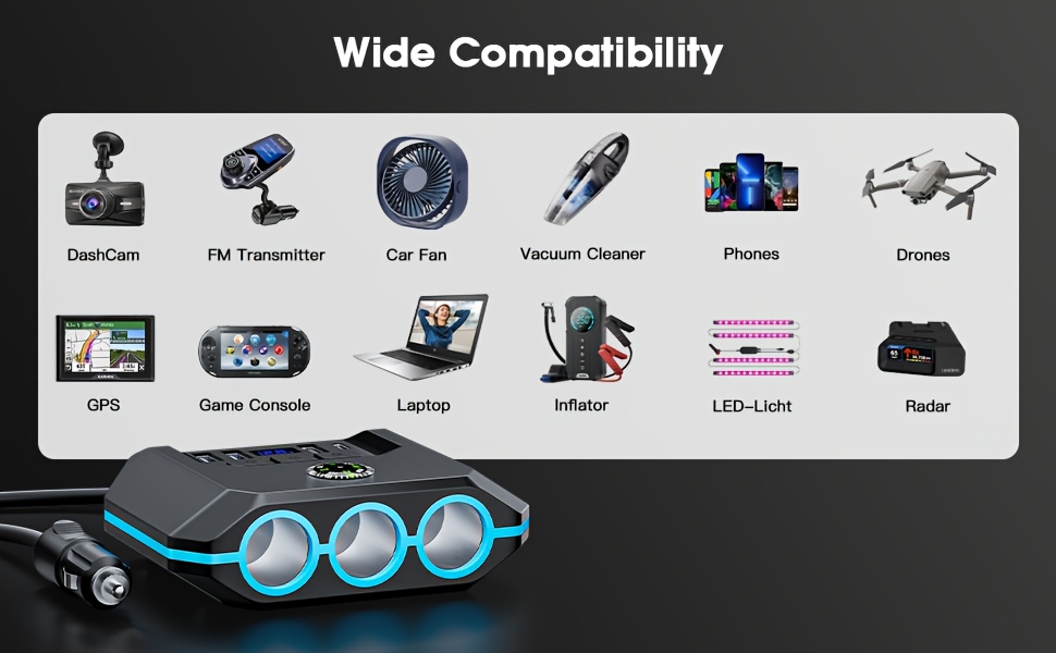 120w 7 in 1 car charger with led display splitter adapter 3 ac outlets 4 usb ports separate switches 12 24v 3 3ft cable details 3