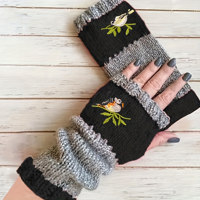Color Block Half Finger Gloves Bird Embroidery Warmer Knit Gloves