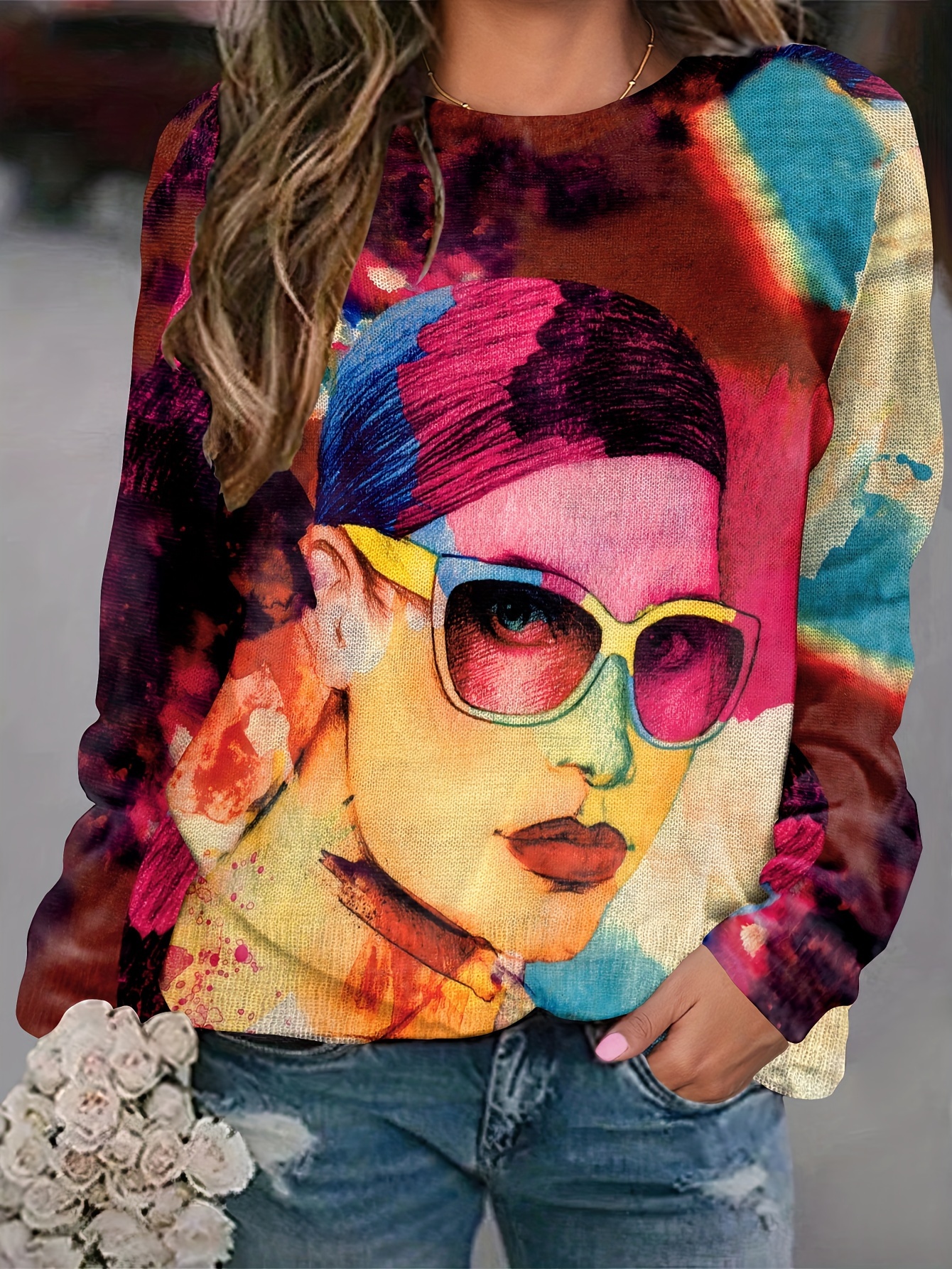 Abstract Art Pattern Crew Neck Pullover Sweater Casual Long - Temu Canada