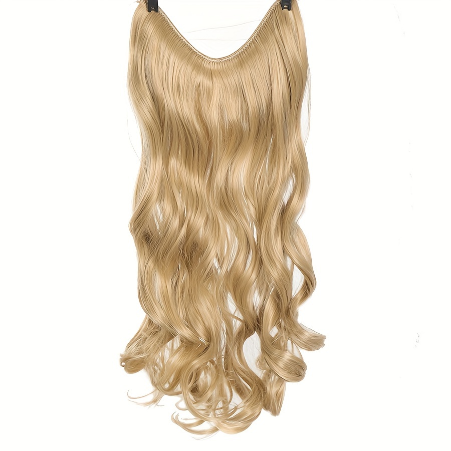 Long Wavy Invisible Wire Hair Extensions Synthetic Hairpiece With Transparent Wire Adjustable Size, Light Ash Brown With Blonde Highlights Hair