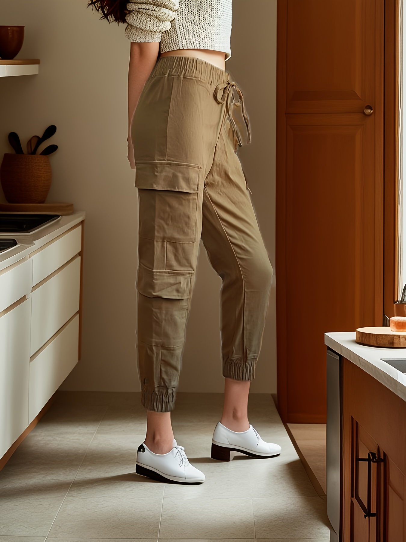 Calça Cargo Jogger Sólida Calça Casual Com Bolso Com Aba - Temu Portugal