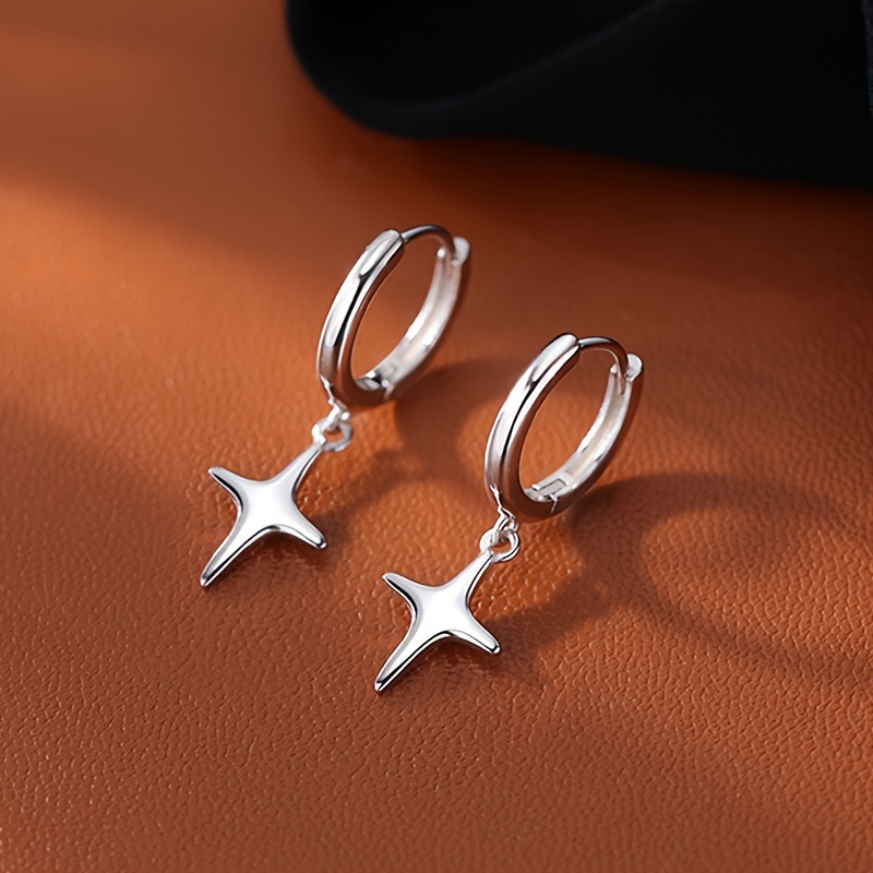 TEMU S925 Sterling Silver Hoop Earrings 4 Pointed Star Ear Daily Casual Earrings Jewelry 18k Gold Plated Minimalist Elegant Earrings For Women 2.2g /0.08oz
