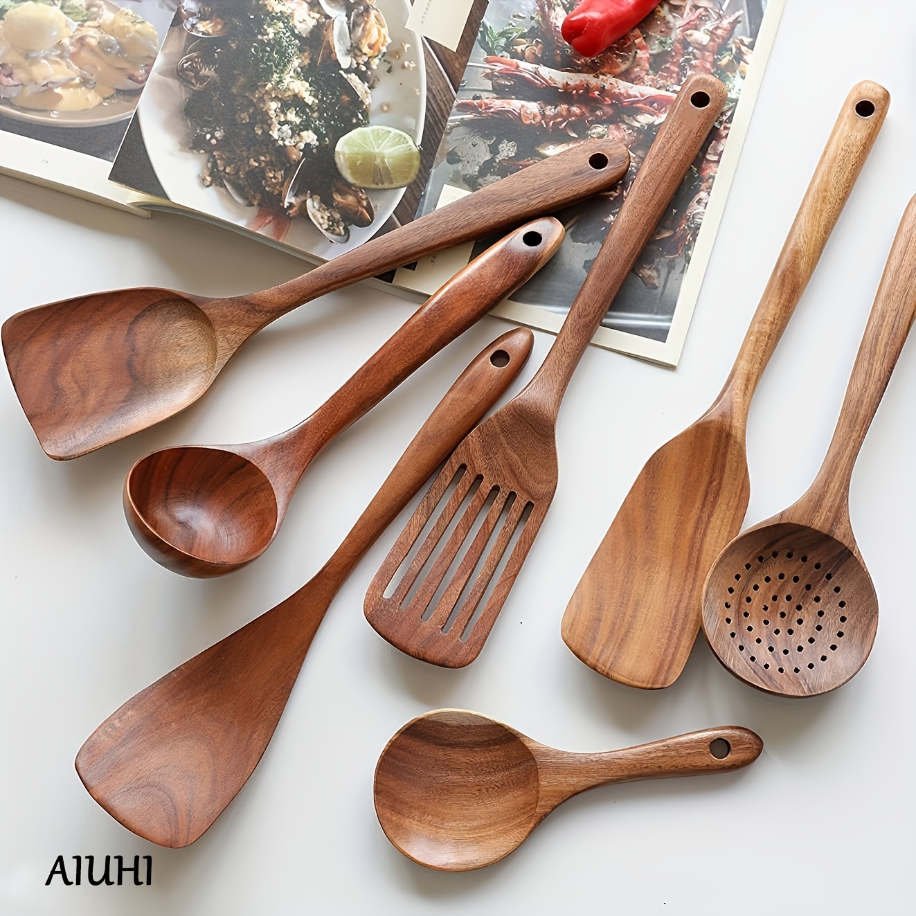 Utensilios de madera para cocinar: 8 utensilios de cocina de madera de teca  natural, juego de utensilios de cocina de madera, cucharas de madera para