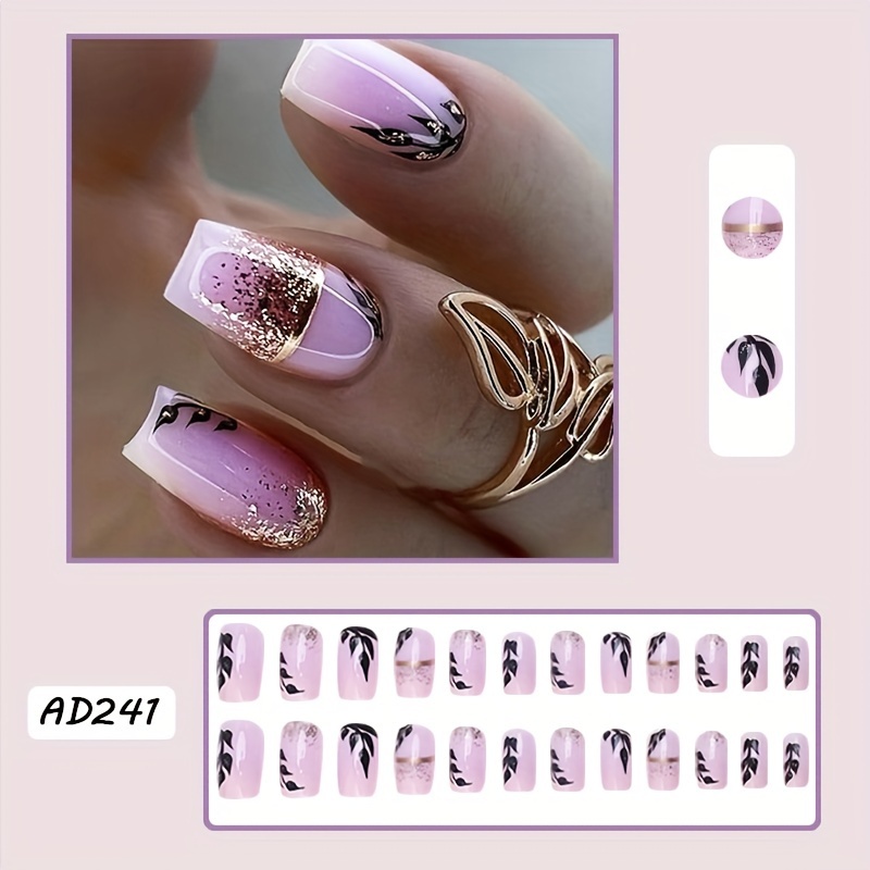 24pcs Glitter Leaf Gradient Press-on Nails, Medium Length Summer Fall Leaves False Nails With Jelly Glue & Nail File – Trendy In-style Artificial Nails