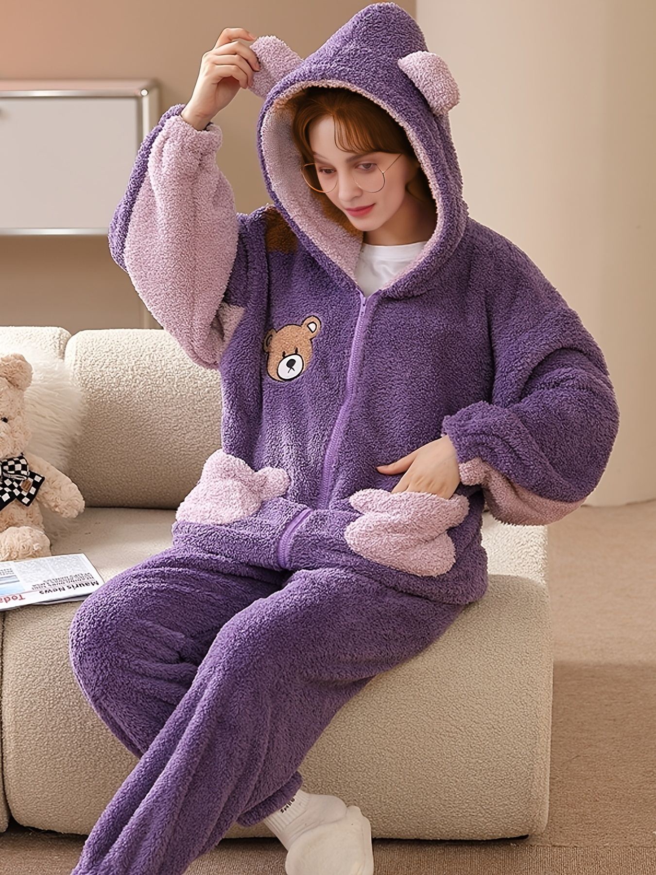 Women Bear Plush Hooded Pajama Set  Pajama set, Cute pajamas, Cute onesies