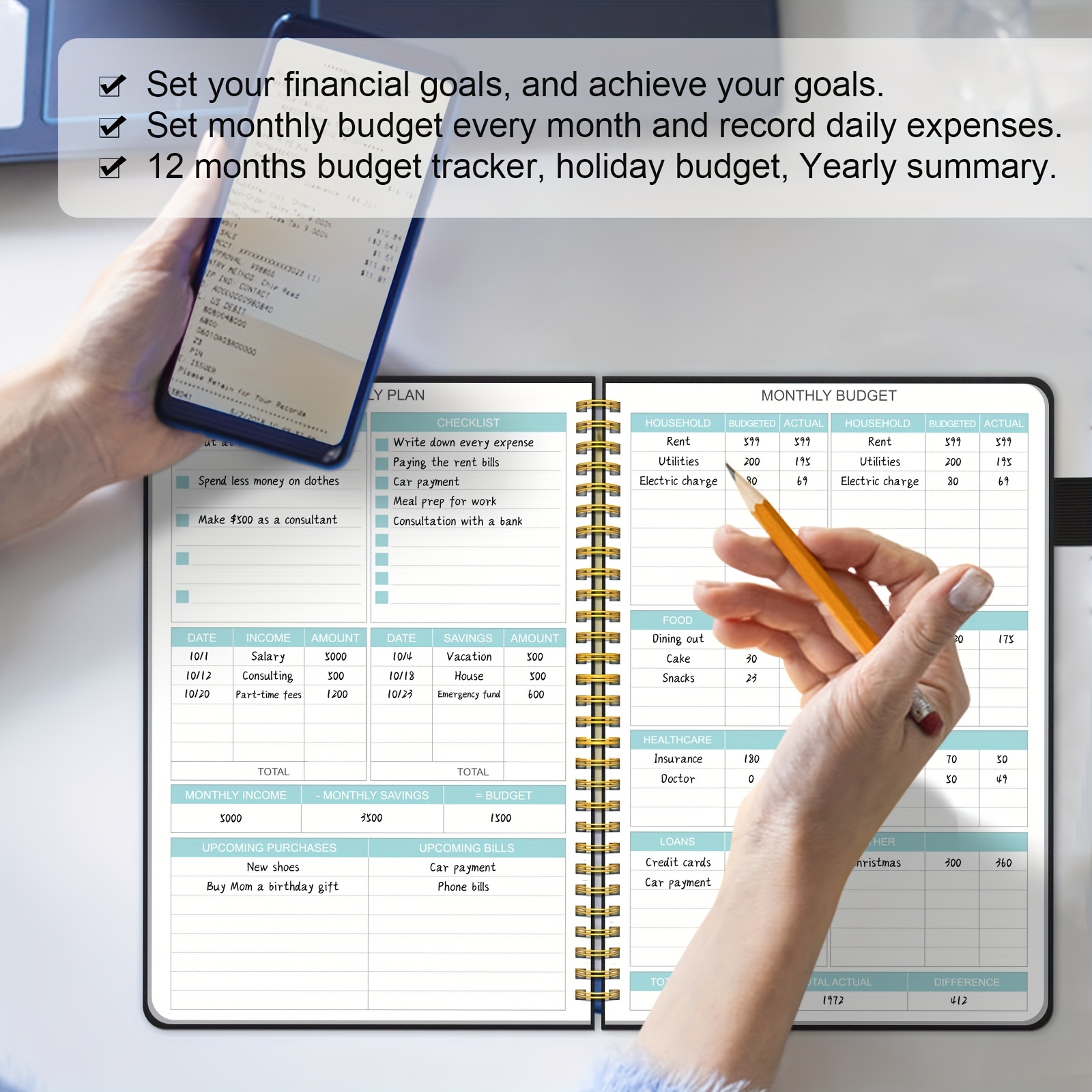 Regolden-Book Budget Planner - Undated Monthly Budget Book with Pockets,  Expense Tracker Notebook Hardcover, Financial Planner & Accounts Book to