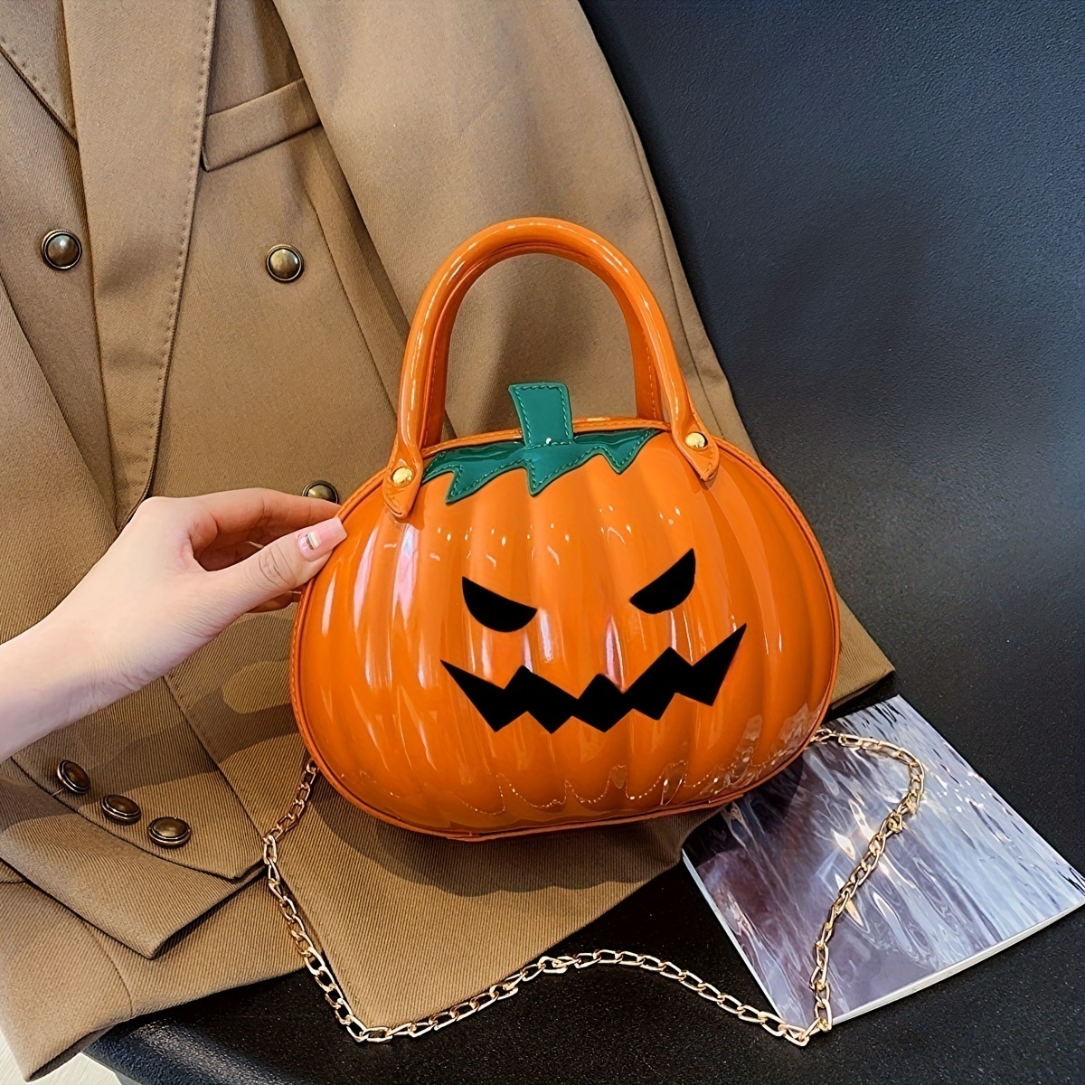 Pumpkin Shaped Metal Chain Crossbody Bag Pu Leather Satchel Temu