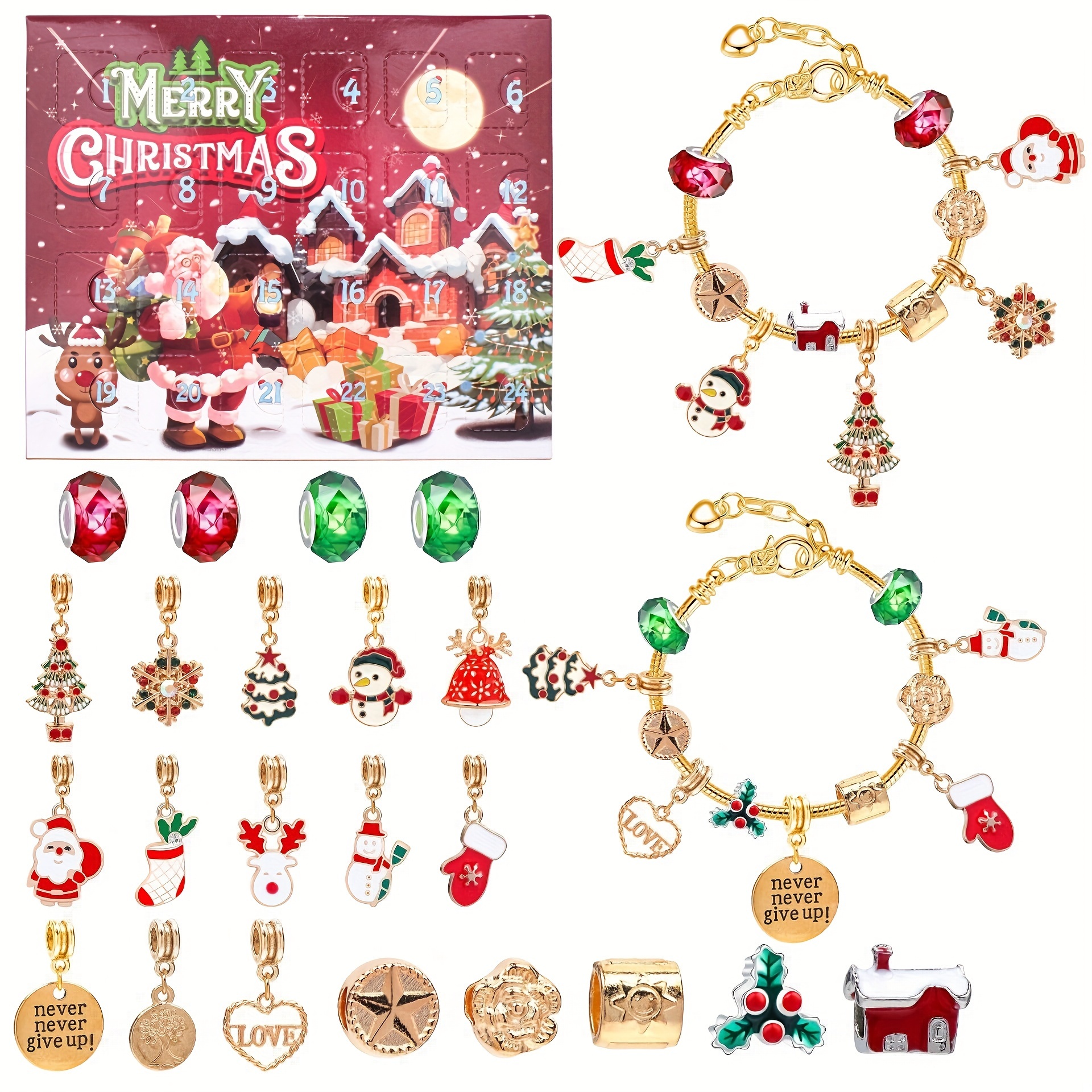 Noël Calendrier de l'Avent Bijoux Boîte cadeau 24 jours Compte à rebours Calendriers  Bijoux Bracelets pour filles Cadeau du Nouvel An Décor de Noël