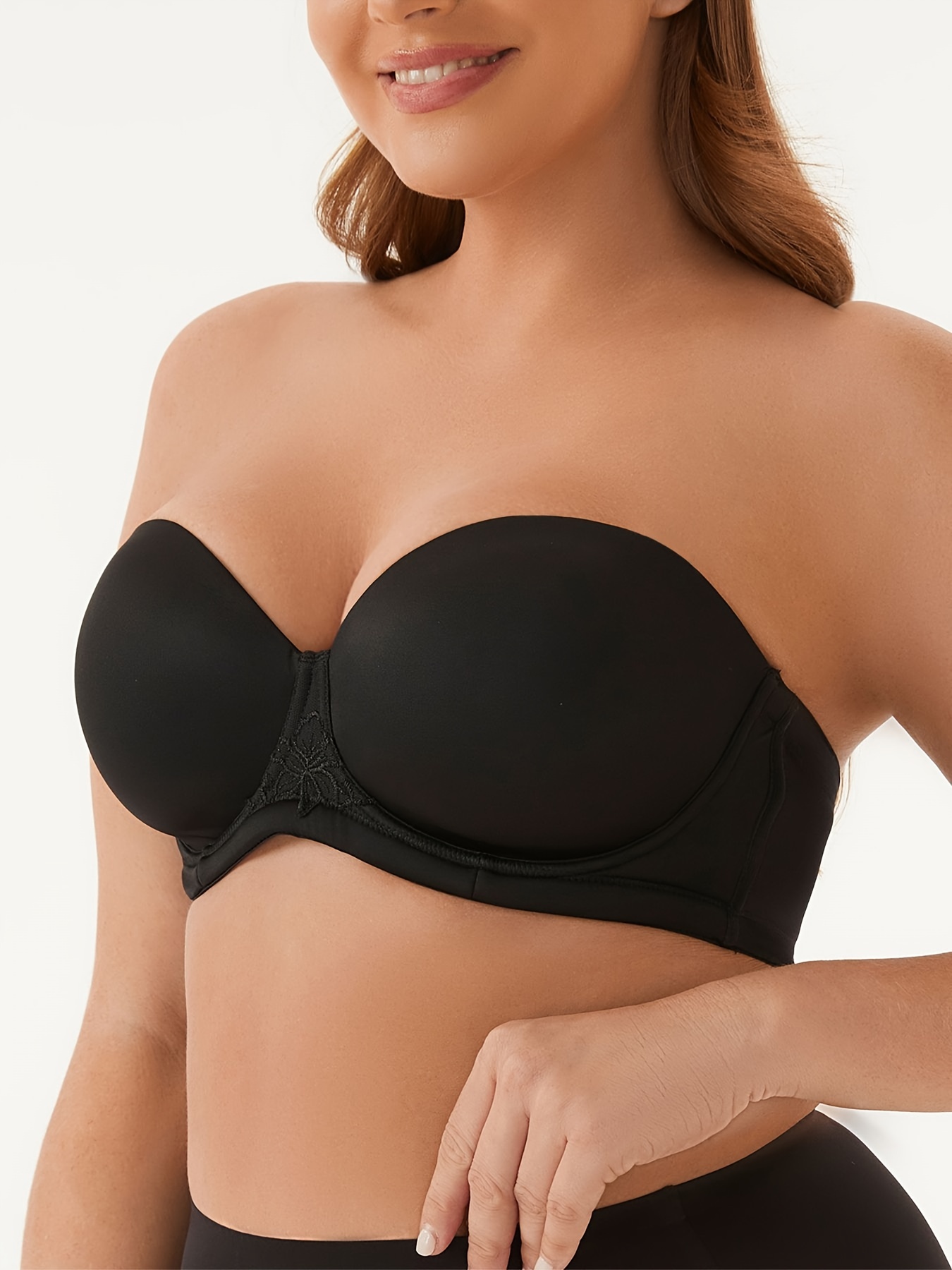 Plus Size Simple Bra, Women's Plus Solid Underwire Multiway Strapless Bra  With Removable Translucent Straps