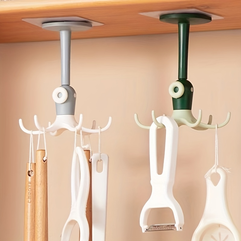 Kitchen Utensil Holder with 6 Hooks, Rotatable Adhesive Wall Hooks