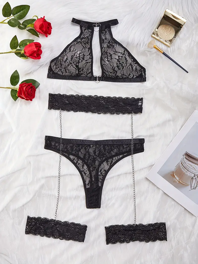 Floral Lace Lingerie Set, Halter Neck Intimates Bra & Chain Garter Belt  Thong, Women's Sexy Lingerie & Underwear