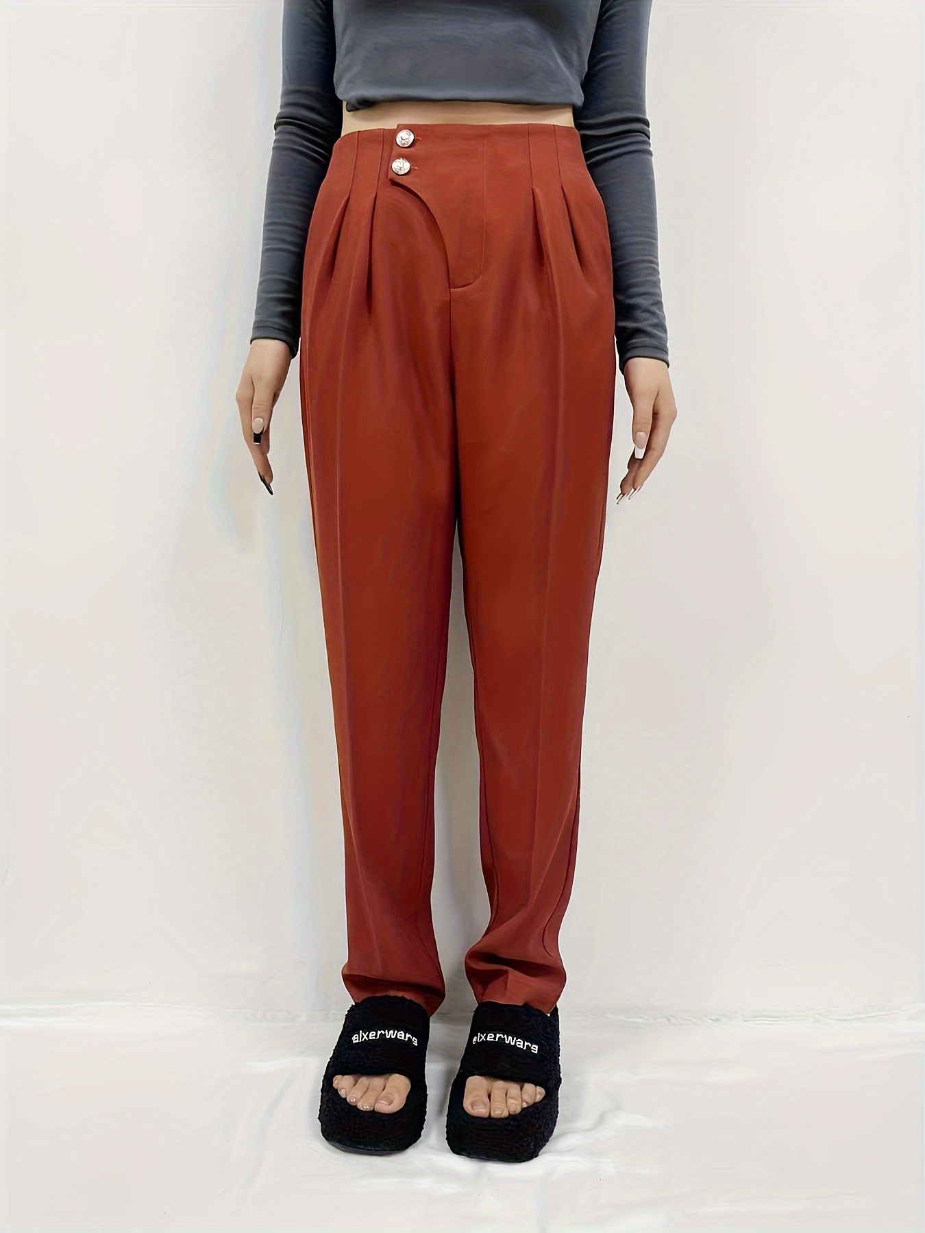 Solid High Waist Long Length Pants Casual Stretchy Pleated - Temu