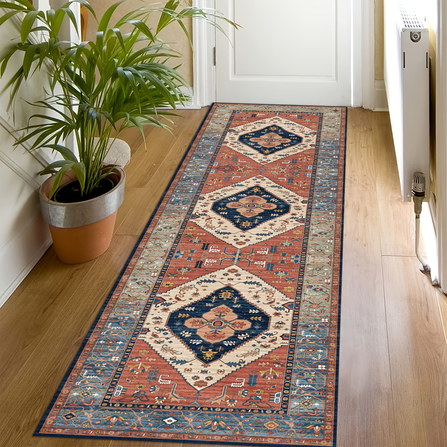 E-shop Eleganter langer Läuferteppich – Modernes geometrisches Design in Blau, Beige , für Flur-, Treppenhaus- Hotelgang-Dekoration, eine Top- für