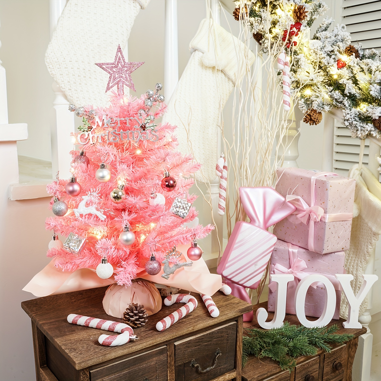 Tabletop Mini Christmas Tree Set With Led Light, Star Treetop