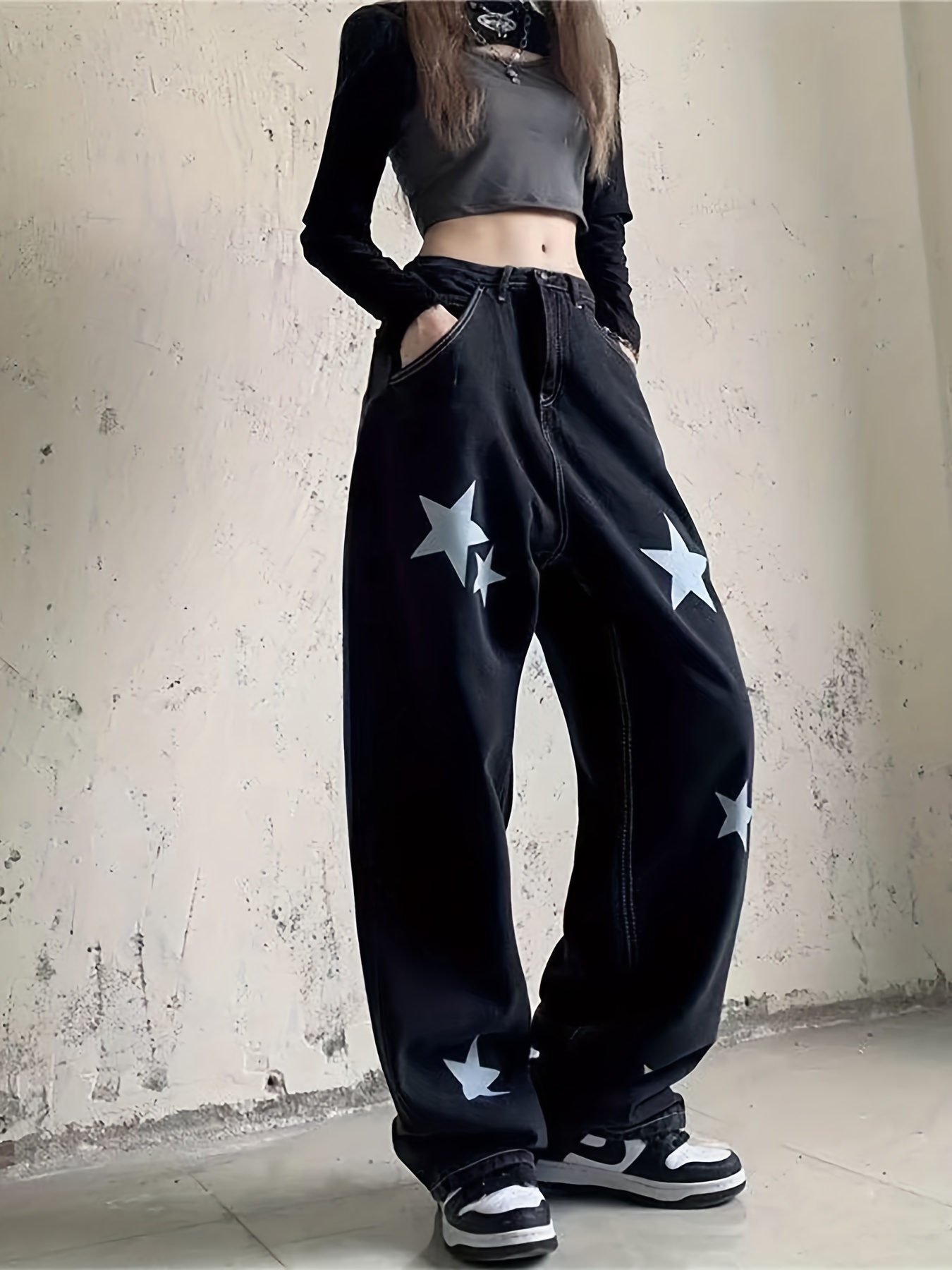 Star Print Patch Pockets Y2k Baggy Jeans Black Loose Casual - Temu Canada