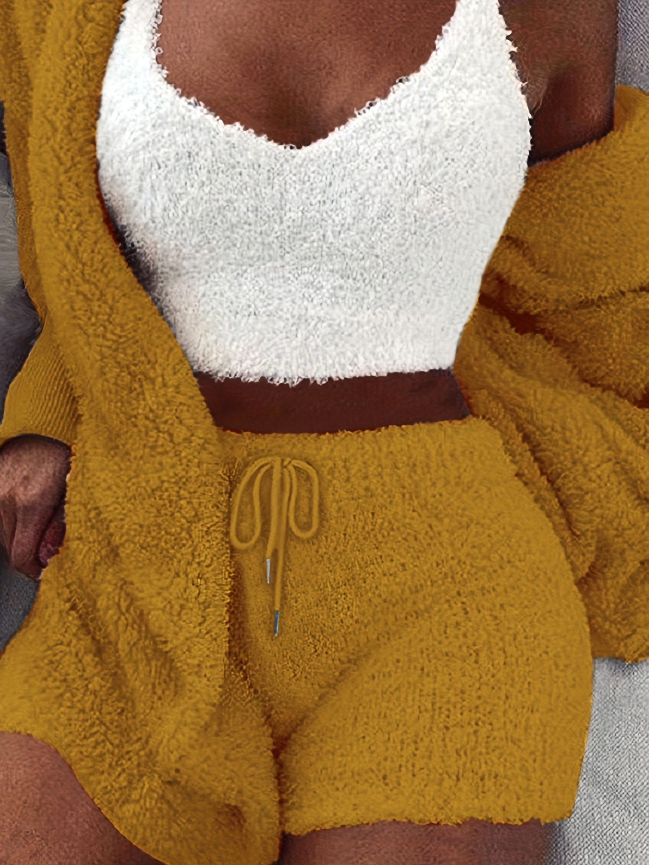 AherBiu 3 Piece Pajamas Sets for Women Fleece Fuzzy Tank Tops Shorts with  Open Front Hooded Robe Cardigan 
