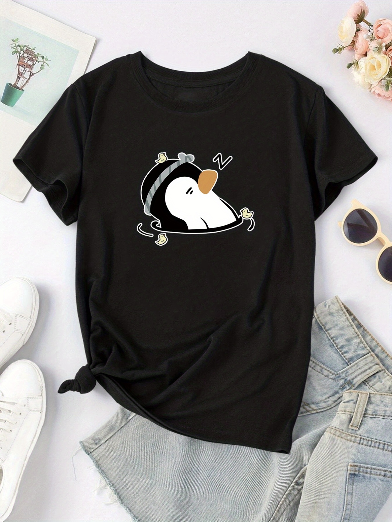 Cute Penguin & Letter Print T-shirt, Casual Crew Neck Short Sleeve Summer T- shirt, Women's Clothing - Temu
