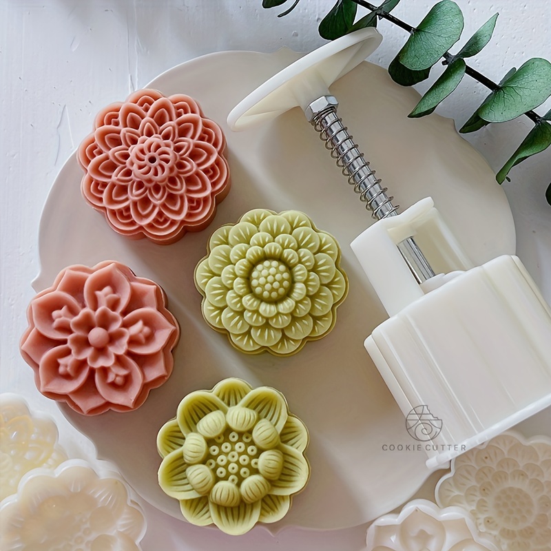 set   cake mold including 1pc mold and 4pcs stamps flower shaped moon cake maker plastic diy hand press cookie stamps   autumn festival pastry tools baking tools kitchen gadgets kitchen accessories home kitchen items 0