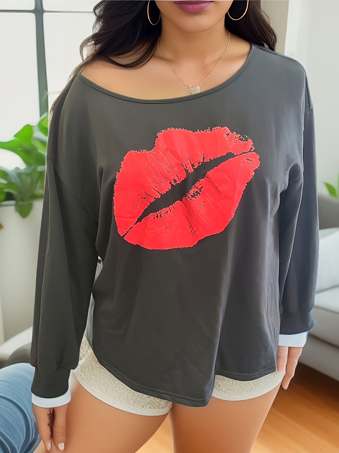 Plus Size Sexy Sweatshirt Women's Plus Red Lip Print One - Temu
