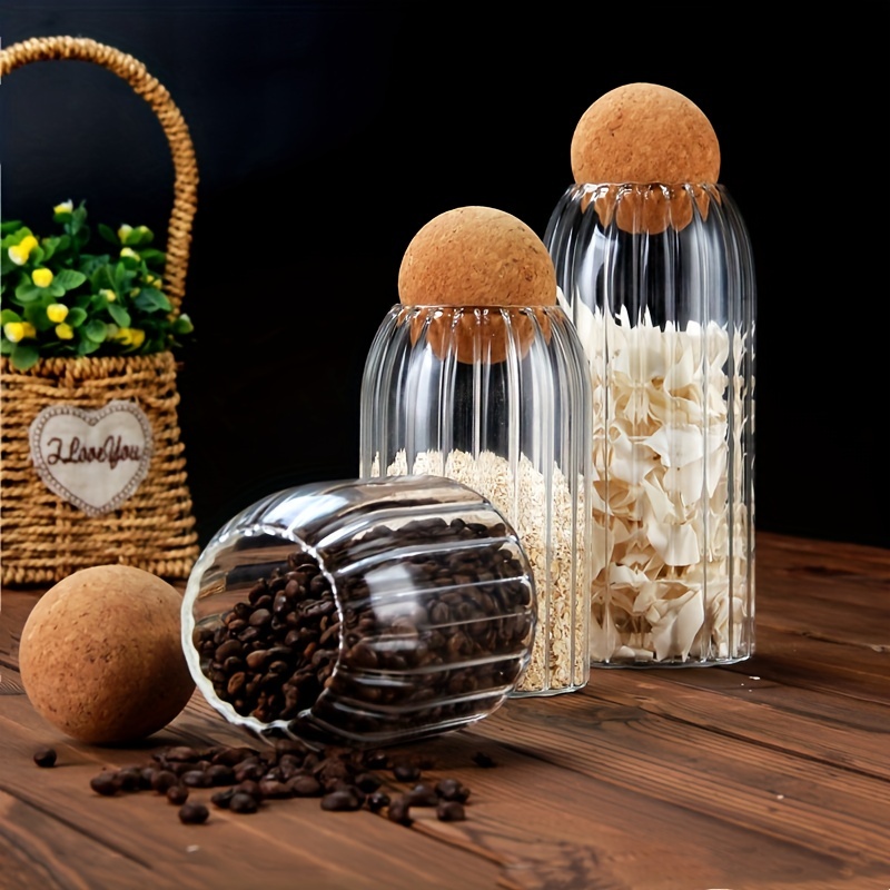 3pcs Glass Storage Container with Round Ball Cork,Coffee Bean Jar Glass Cork Clear Stripe Glass Bottles with Cork Glass Canisters for Food, Coffee