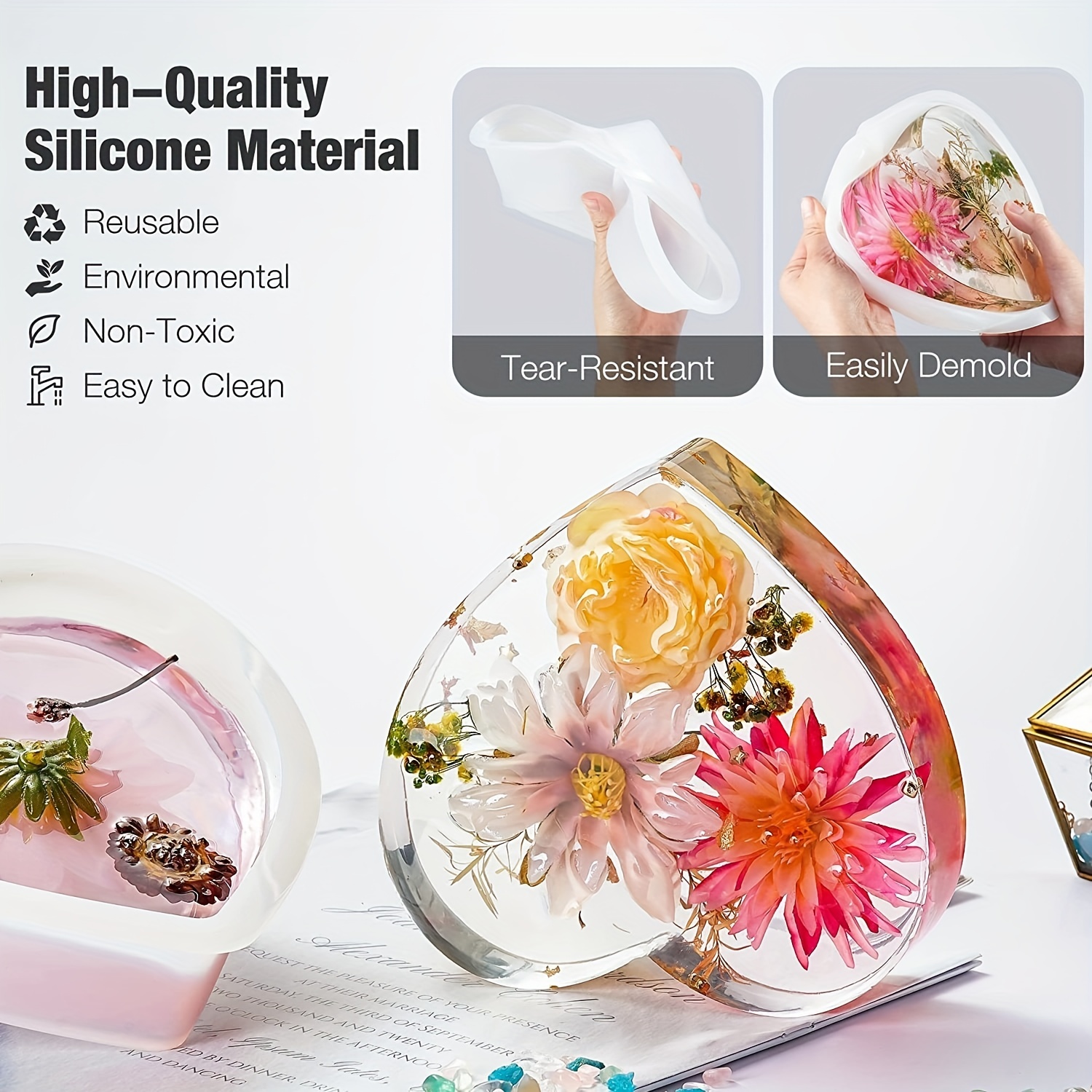 Large Heart Resin Silicone Mold Flower Preservation Kit