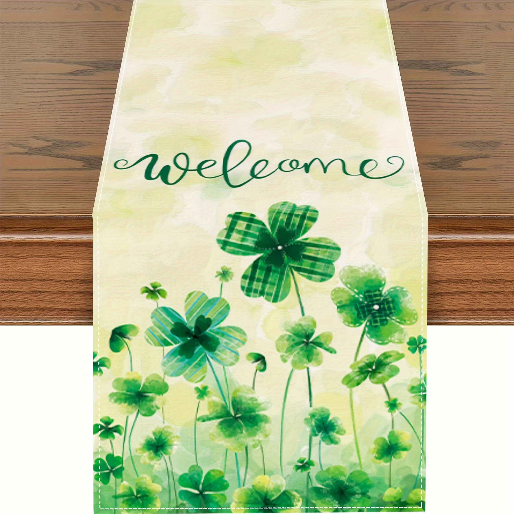 Chemin De Table St Patrick's Day 14x72 Pouces, Tissu Perlé Trèfle, 3 Feuilles