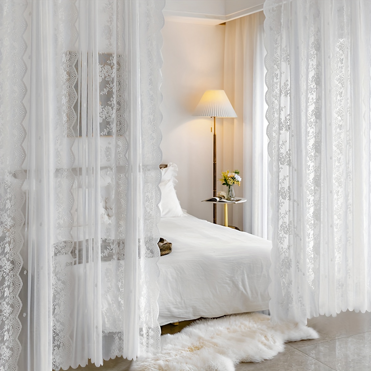 Vaileal Juego de 2 cortinas blancas transparentes de encaje blanco 200 x  150 cm, cortinas de tul, cortinas blancas con bordado de flores, para salón,  terraza, dormitorio, decoración de : : Hogar y cocina