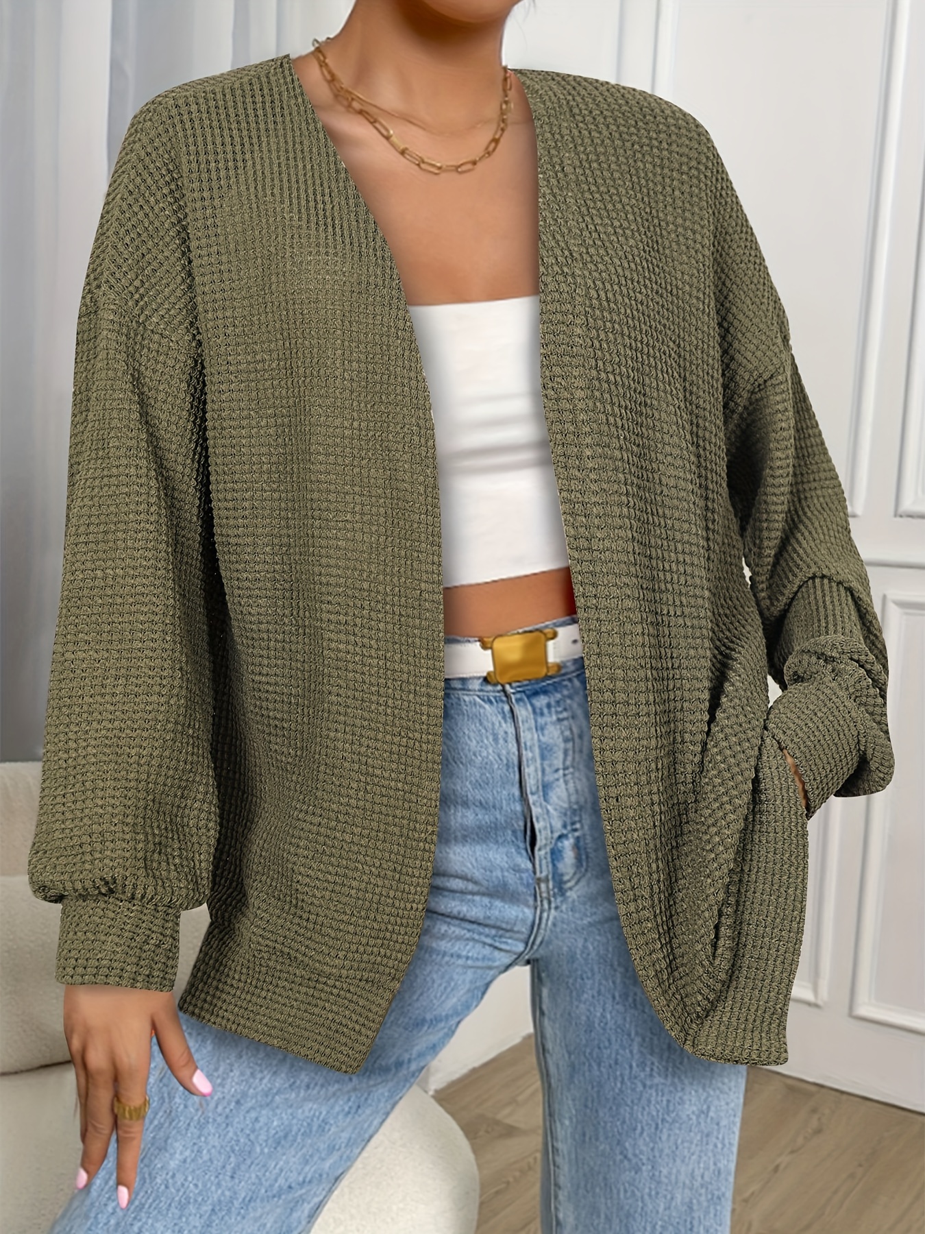 Solid Open Front Cardigan Elegante Cardigan A Maniche Lunghe