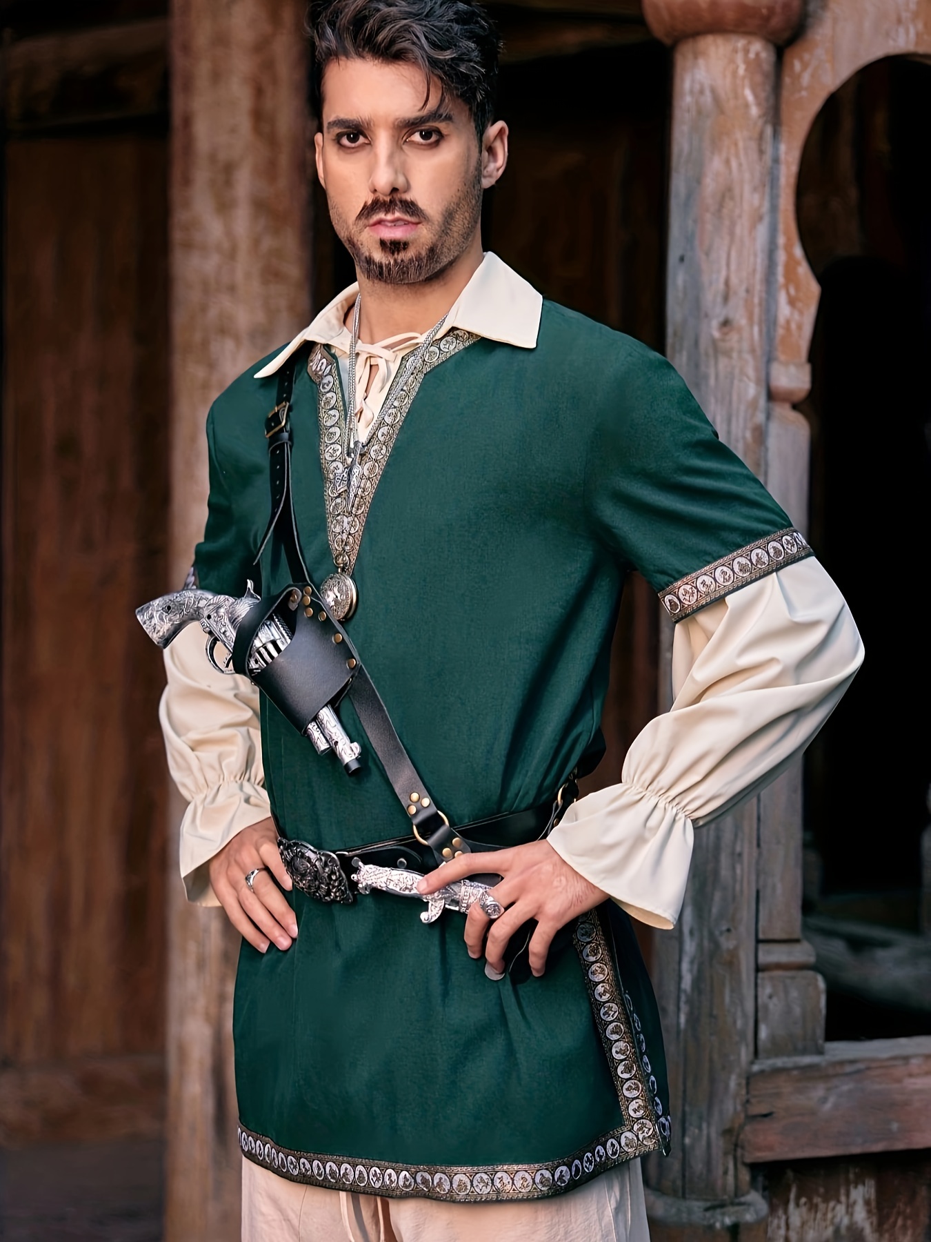 Mens Retro Lace Up V Neck Medieval Knight Tunic Renaissance