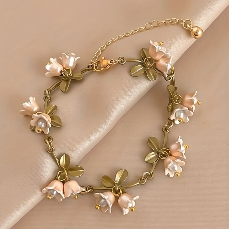 4pcs/Set Delicate Daisy Flower Charm & Faux Pearl Chain Bracelet Alloy Hand  Jewelry Gift For Girls