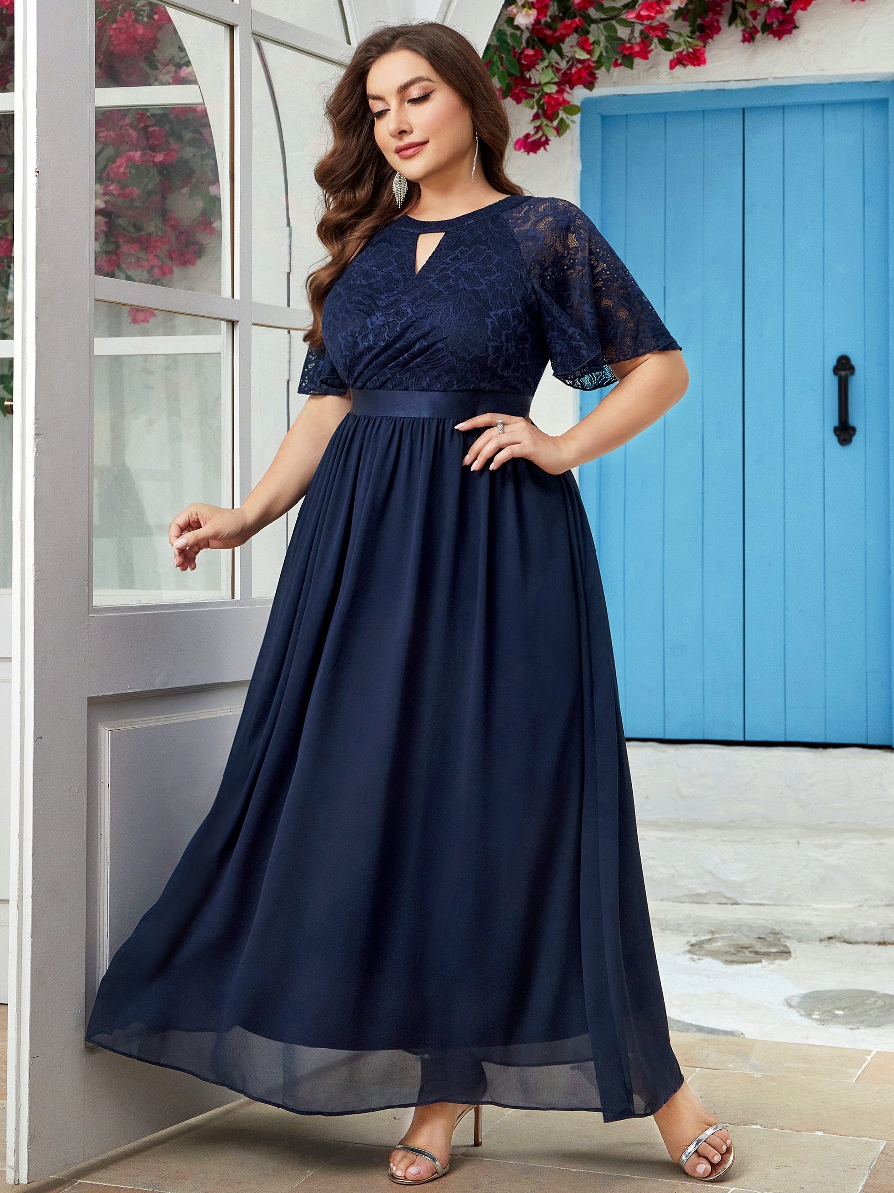 Plus Size Floral Pattern Bridesmaid Dress Elegant Crew Neck Temu