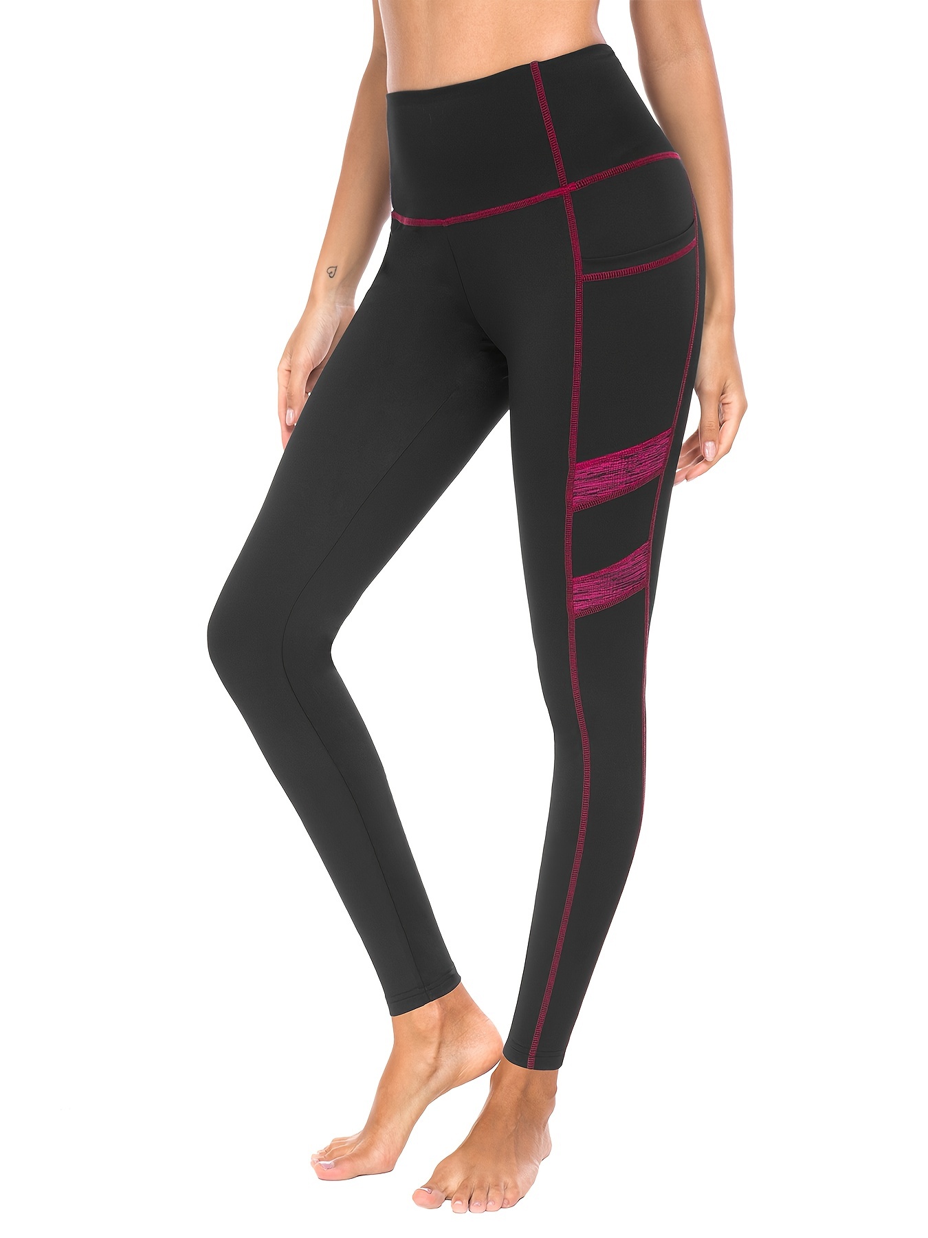 Breathable Black Striped Yoga Pants Slimming Side Pocket - Temu