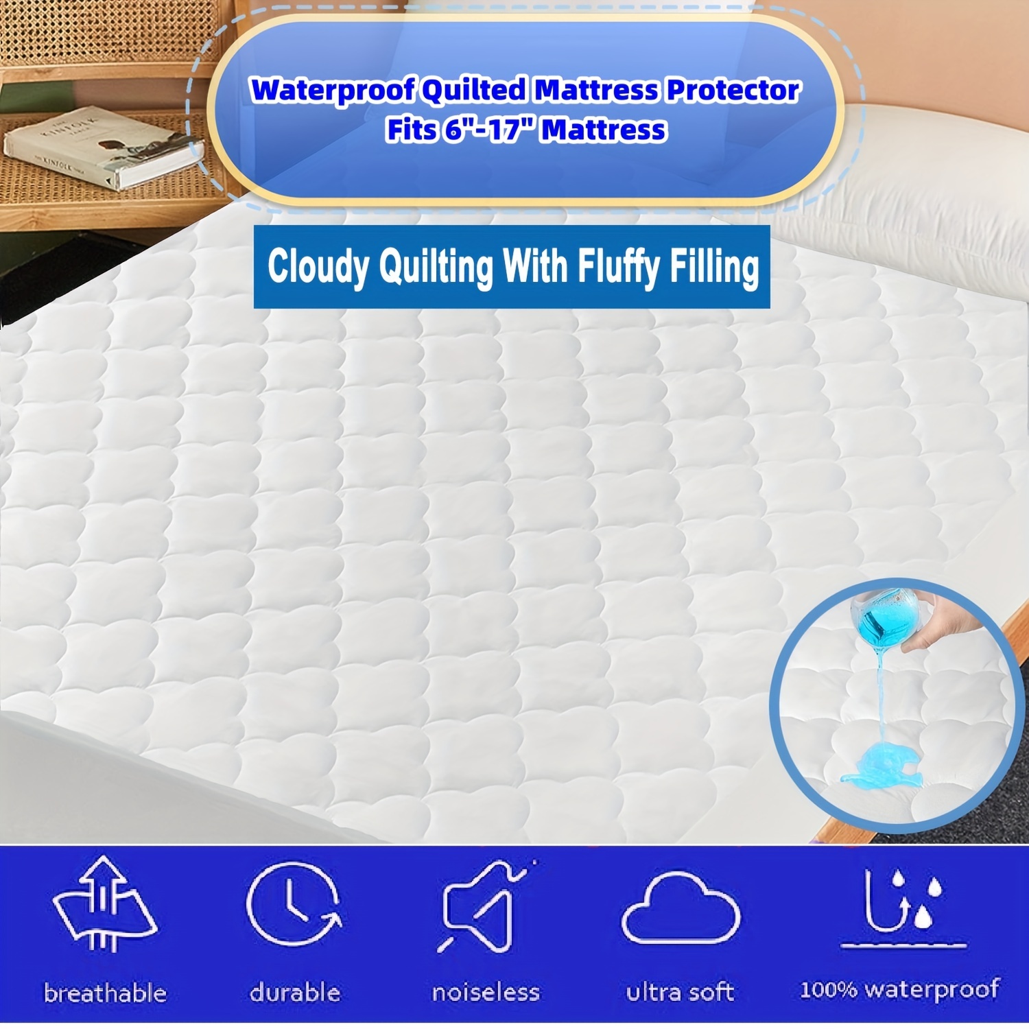Protector para colchón tamaño individual con acolchado impermeable,  protector de colchón suave para cama tamaño Individual, funda de colchón  ajustable