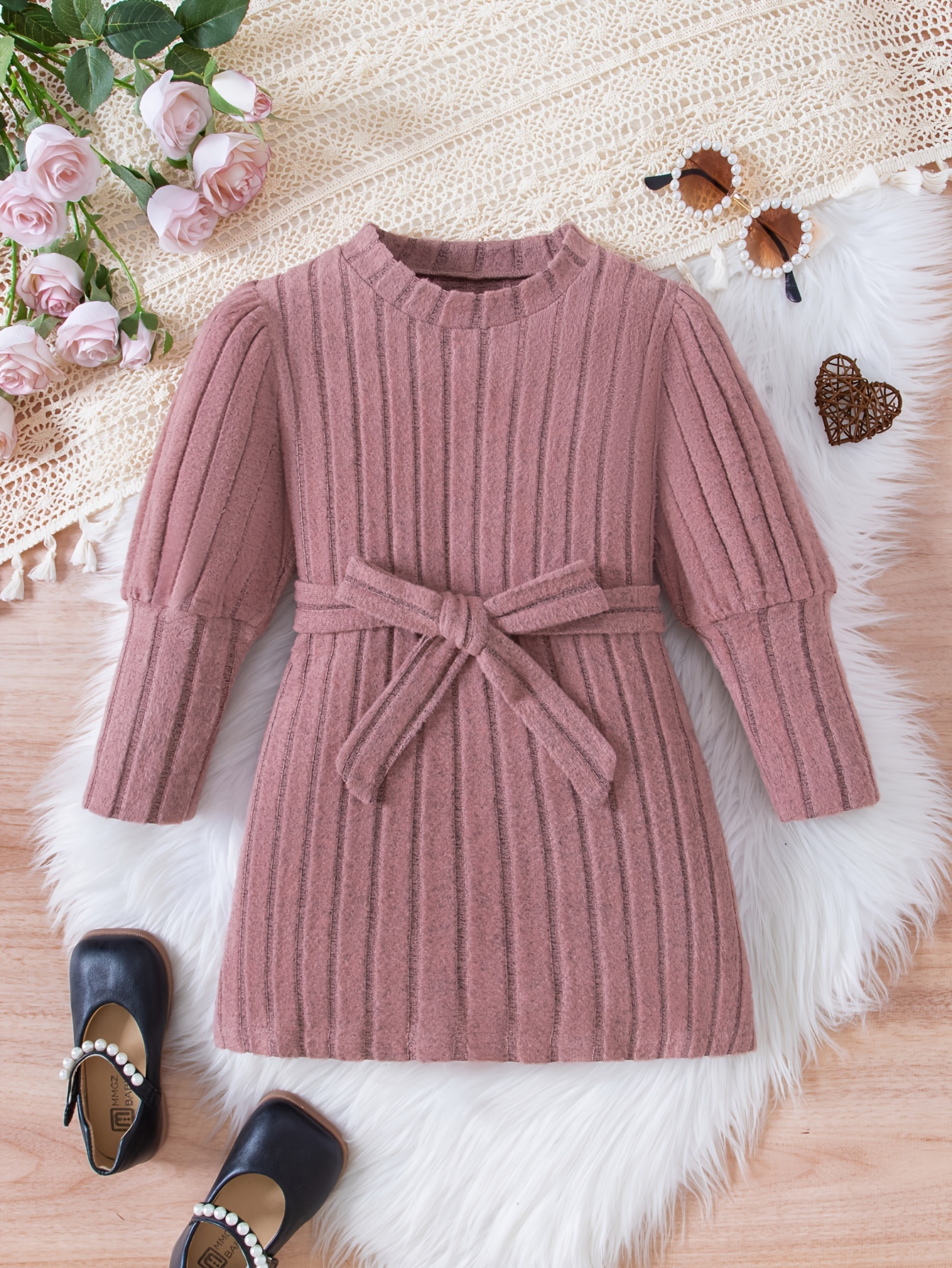 Vêtements bébé fille en tricot côtelé rose, tenue de printemps