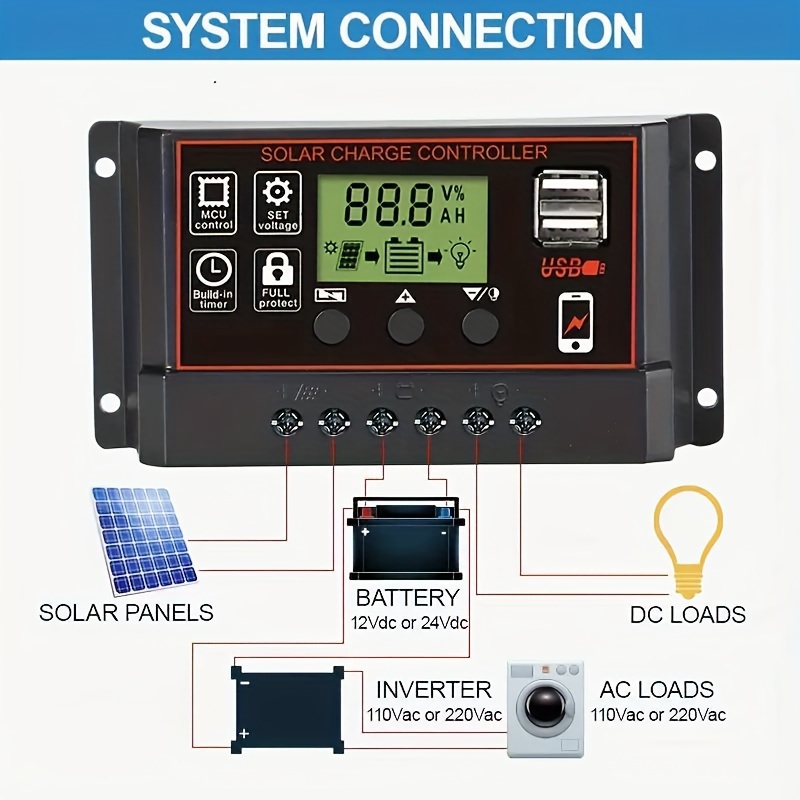 solar charge controller solar panel controller 12v 24v adjustable lcd display solar panel battery regulator with usb port 10a 30a 50a 70a 90a 100a solar panel controller