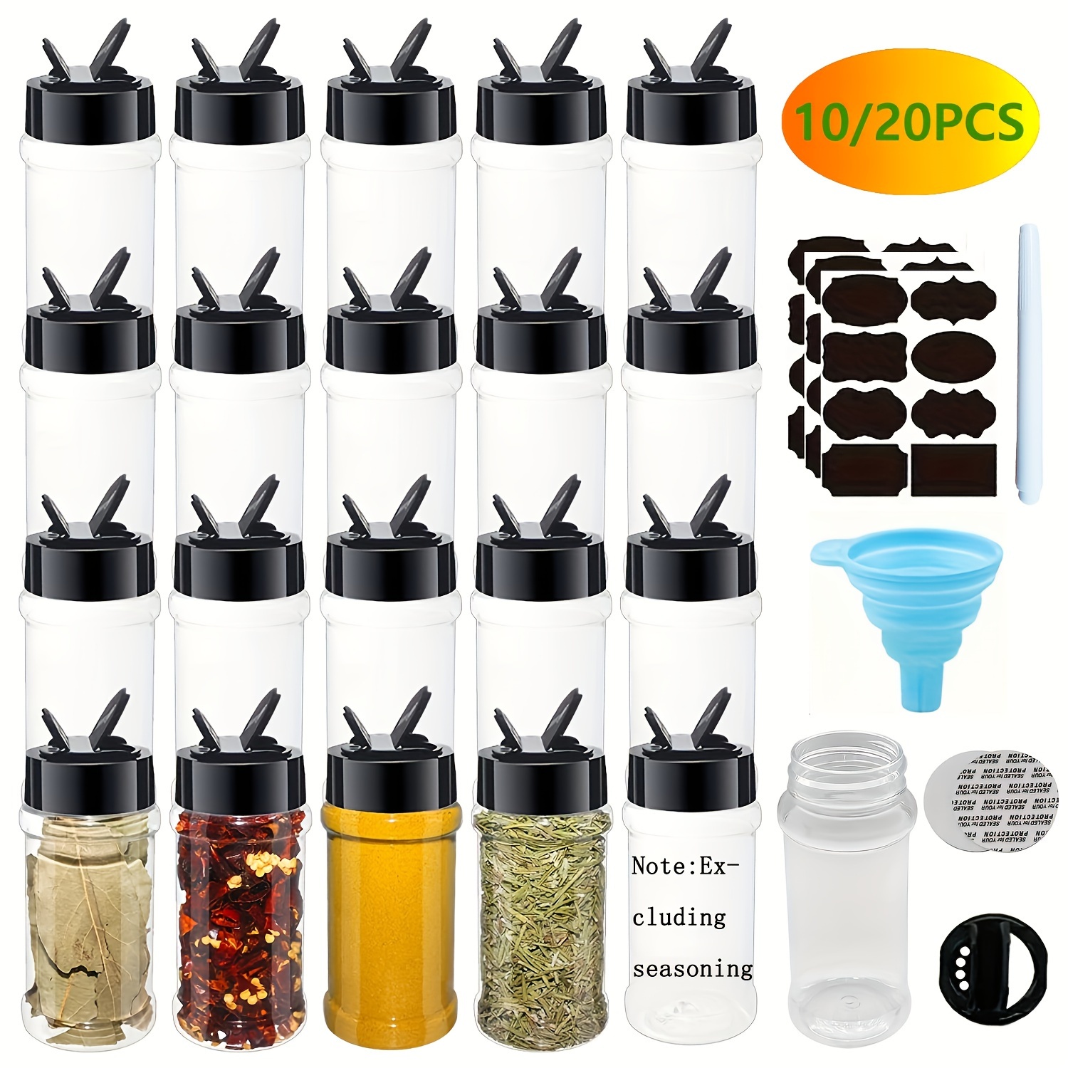 

10/20pcs, Spice Shakers, Plastic Spice Jars Bottles With Labels And Funnel, Spice Containers For Storing Spice, And Powders, With Black Flip Top Cap, Salt And Pepper Shaker Bottle, Kitchen Sutuff