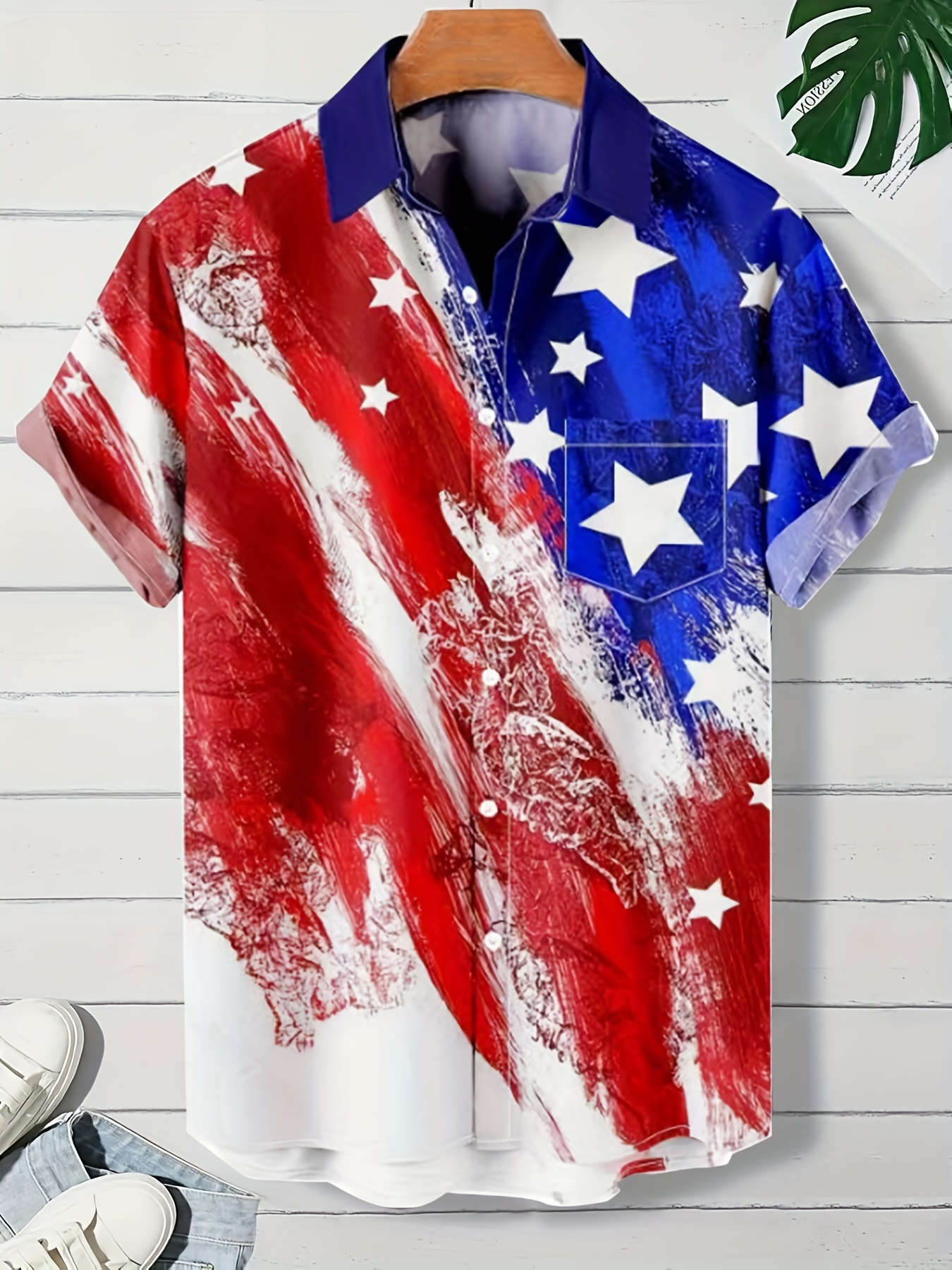 Plus Size Lapel Mens American Flag Graphic Print Hawaiian Shirt Button Down Shirts, Top Blouse Shirts, Short Sleeve, Button Down Shirts,Temu