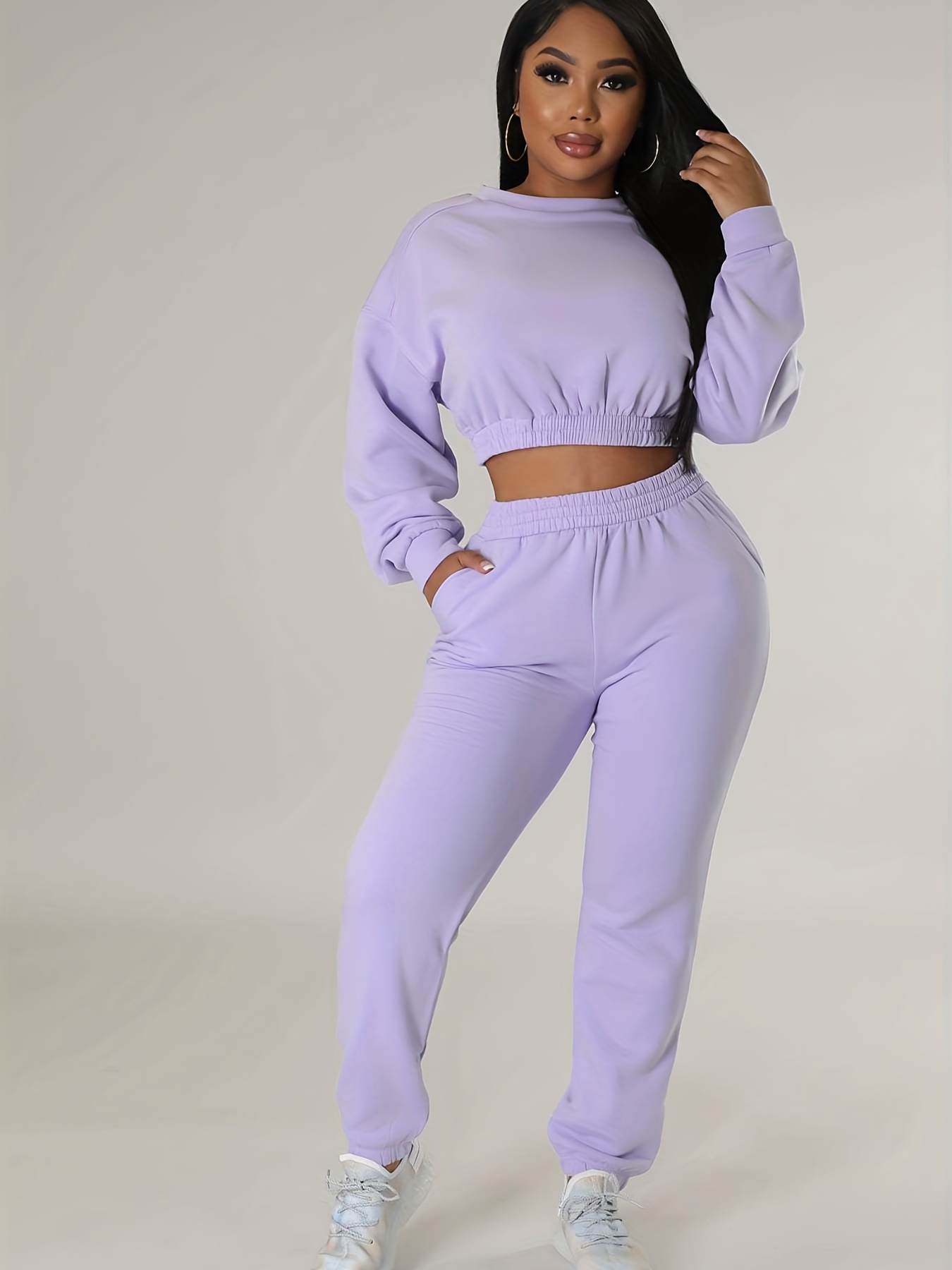 solid casual two piece set crew neck long sleeve tops elastic waist jogger pants outfits womens clothing