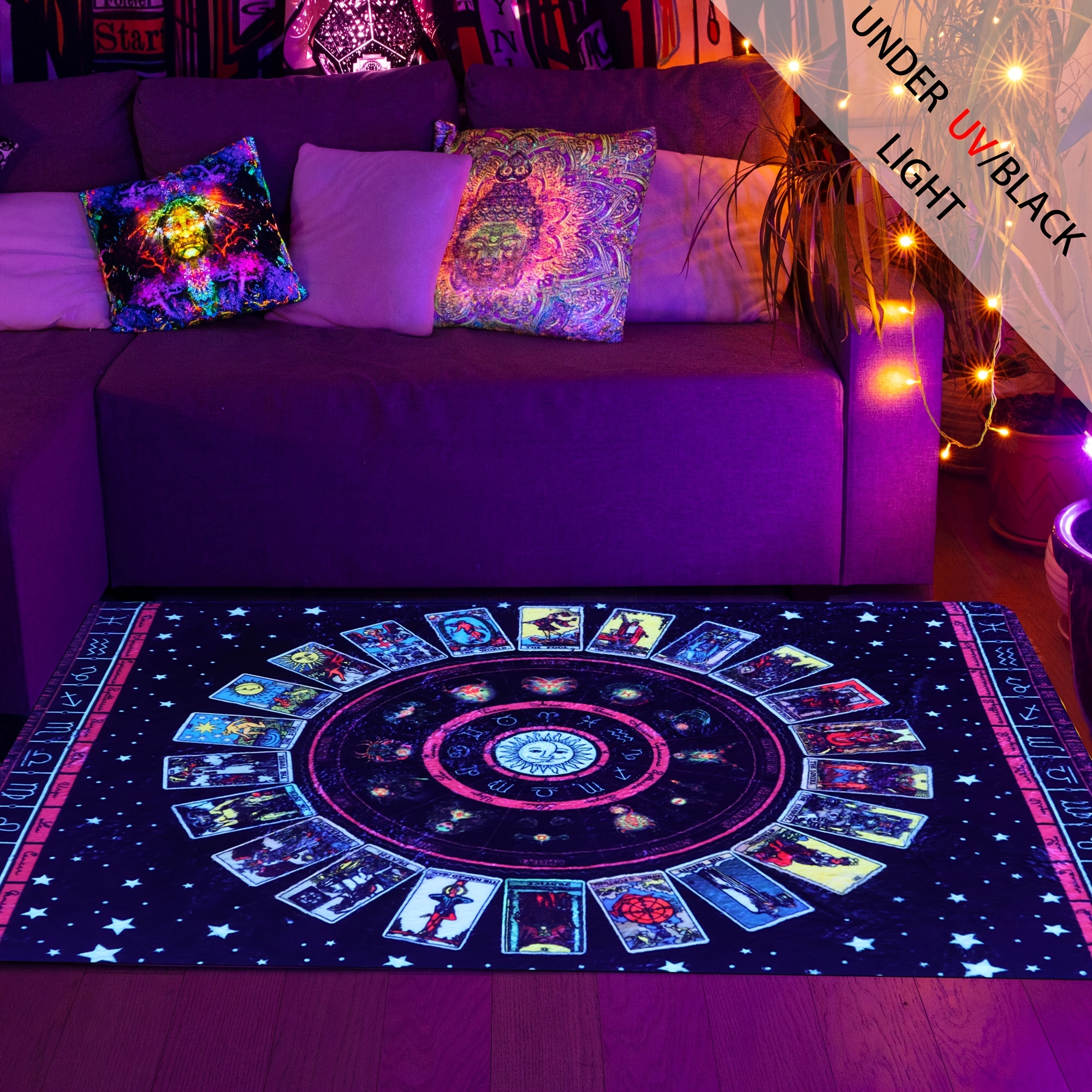 UV Light Flannel Luminous Tarot Pattern Rug Non Slip Mat