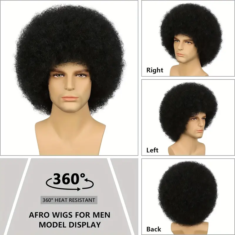 Parrucca Afro Corta Per Uomo - Set 3 Pezzi Anni '70/'80 Per Costume Hippie, Feste E Cosplay (Nero) - Foto 5