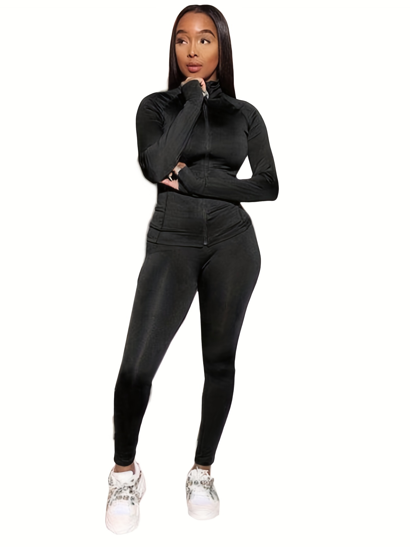 Solid Workout Two-piece Set, Zip Up Long Sleeve Jacket & High Waist Long  Length Pants Outfits, Women's Clothing