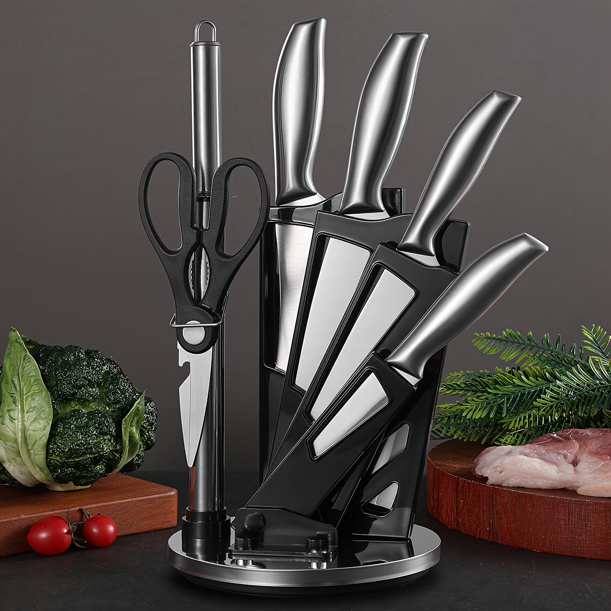 7pcs-Kitchen Knife Set Chef Knife Cleaver Stainless Steel Knife Block  Sharpener
