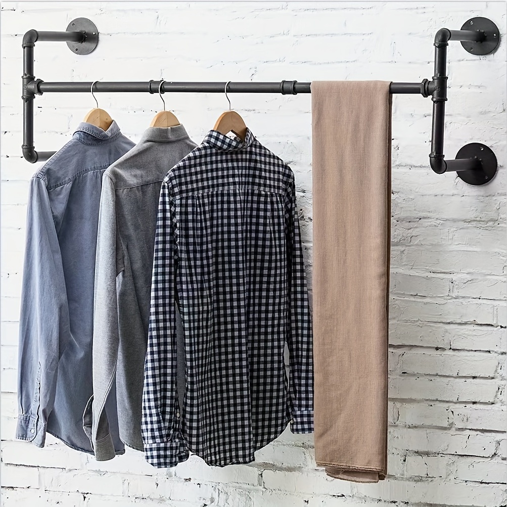 Estante de ropa con varillas colgantes dobles de tubo industrial con  estantes de 4 niveles, estante de exhibición de ropa resistente en la pared  para